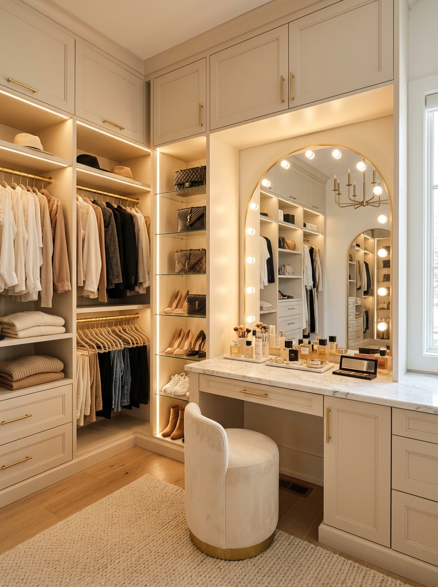 Chic Neutral Closet with Built-In Vanity Area