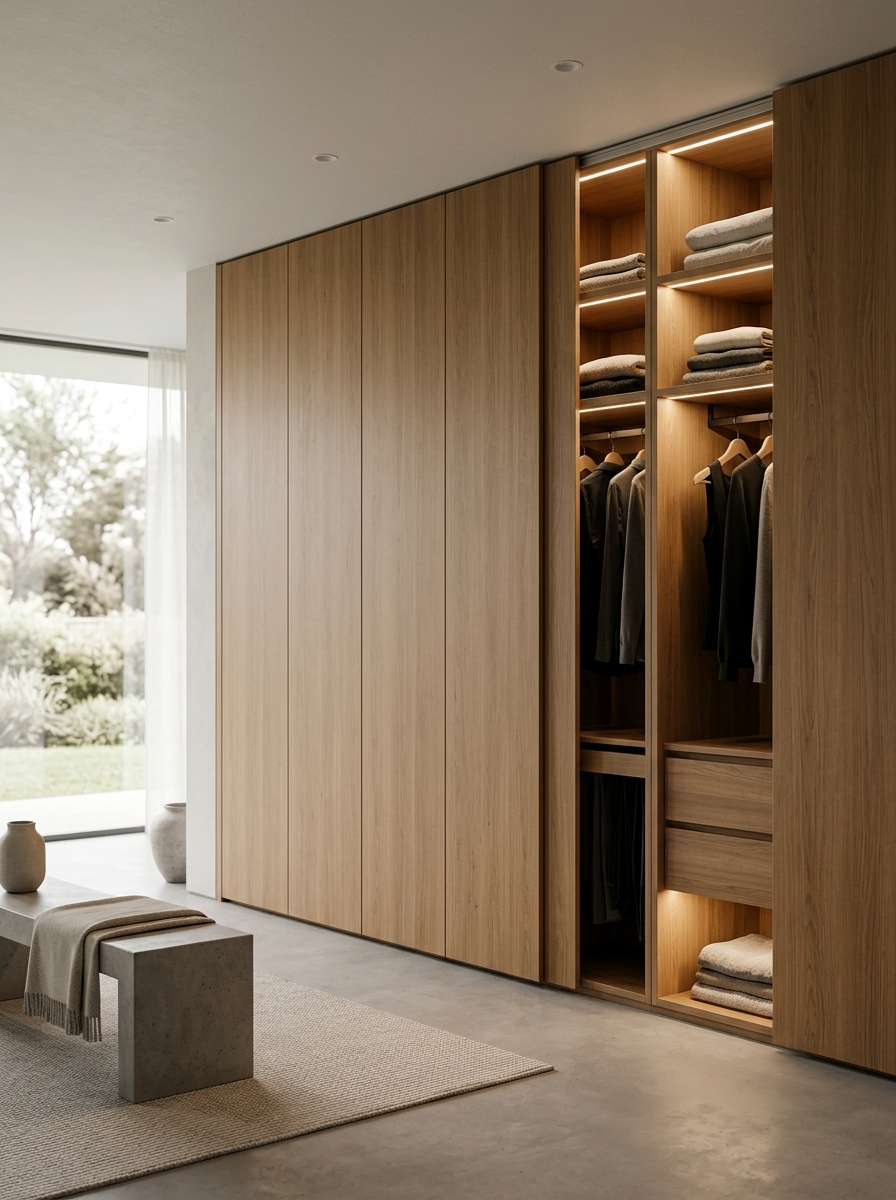 Warm Wood Closet with Hidden Storage Panels
