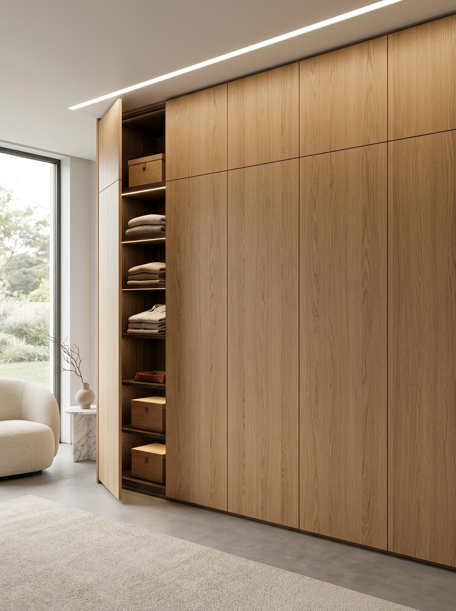 Warm Wood Closet with Hidden Storage Panels