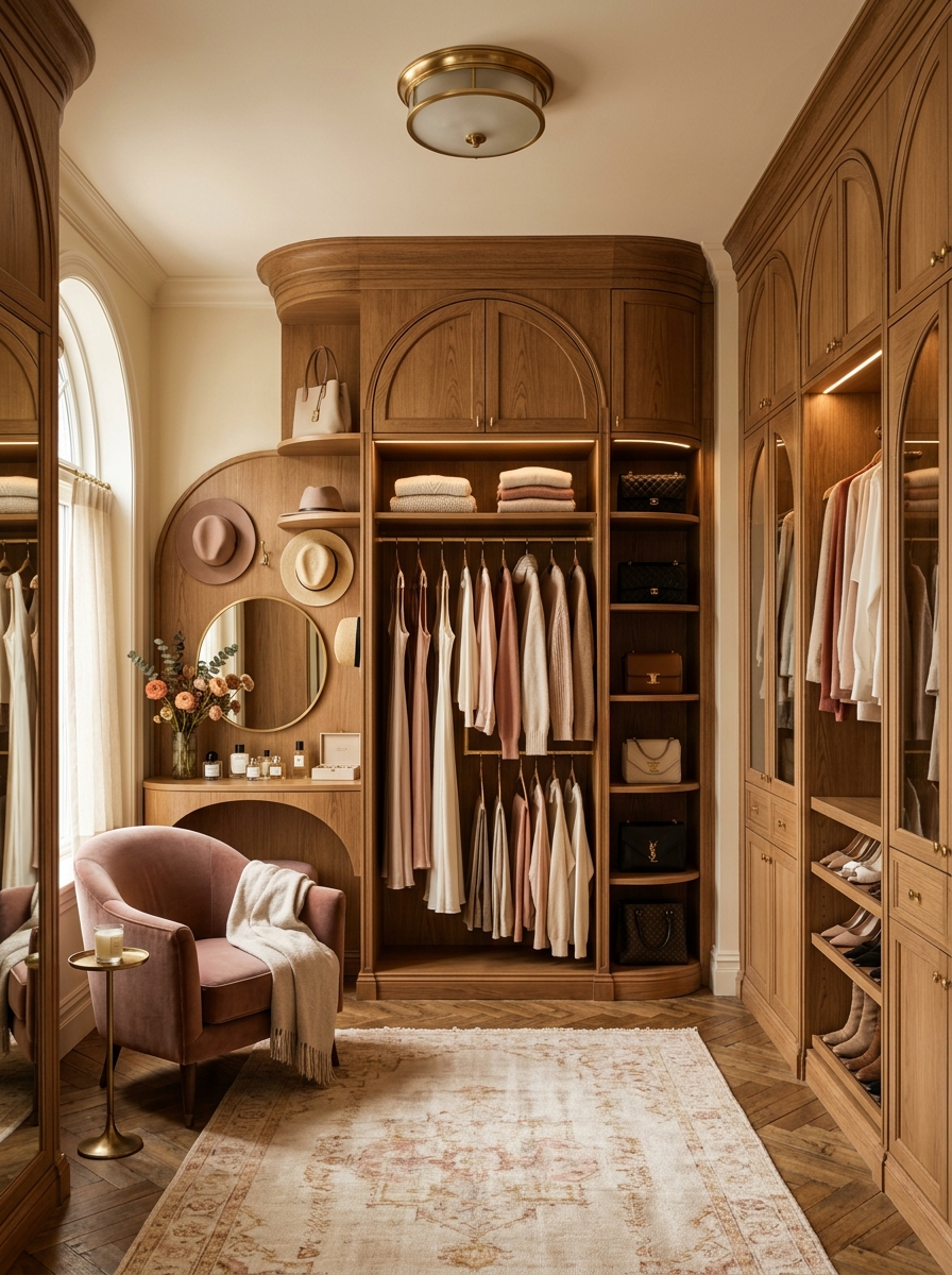 Warm Oak Closet with Arched Cabinet Details