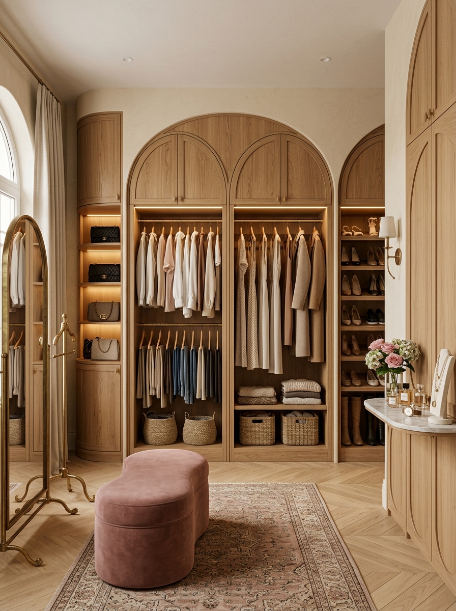 Warm Oak Closet with Arched Cabinet Details