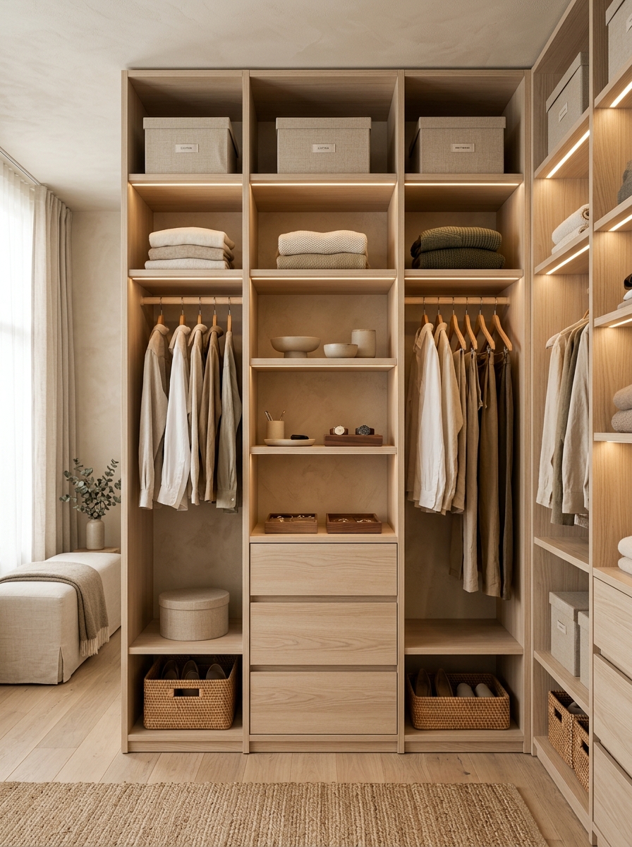 Japandi-Inspired Closet with Earthy Wood & Linen Textures
