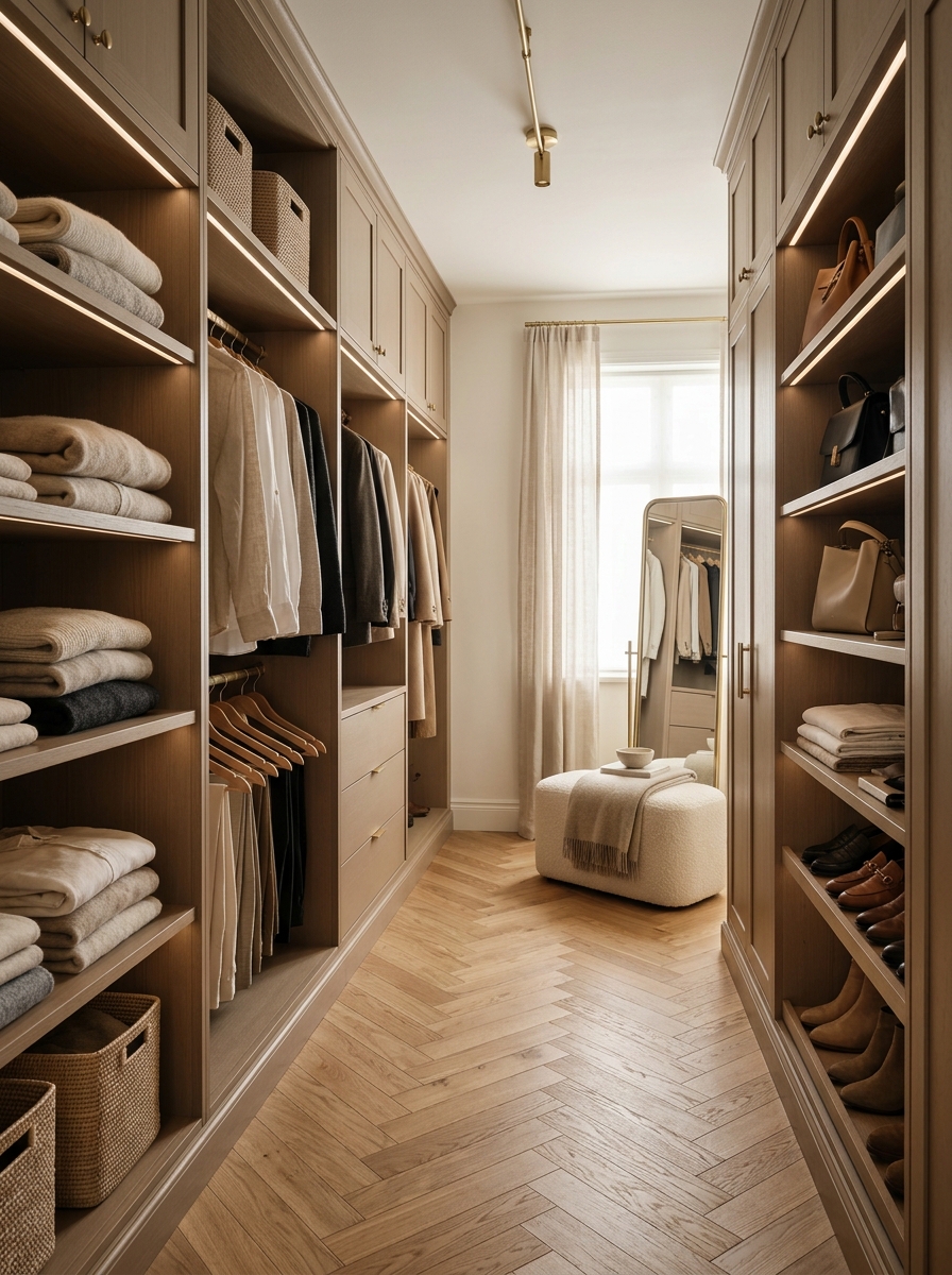 Neutral Closet with Herringbone Wood Flooring