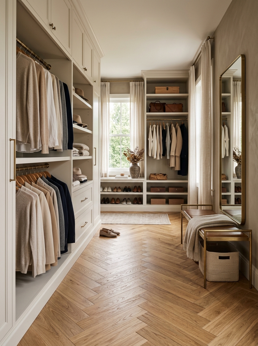 Neutral Closet with Herringbone Wood Flooring