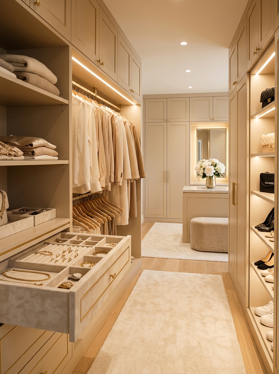 Soft Luxury Closet with Cream and Champagne Tones