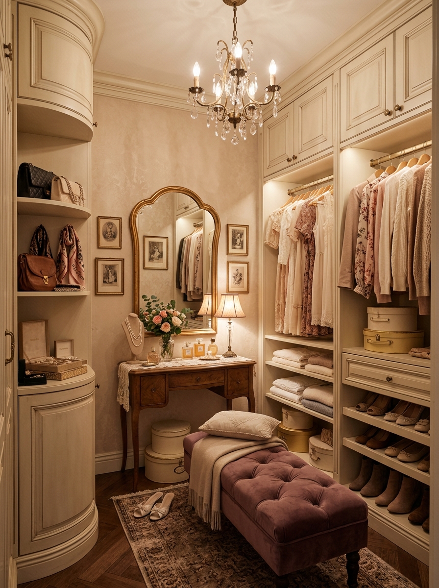 Romantic Soft Beige Closet with Vintage Elegance