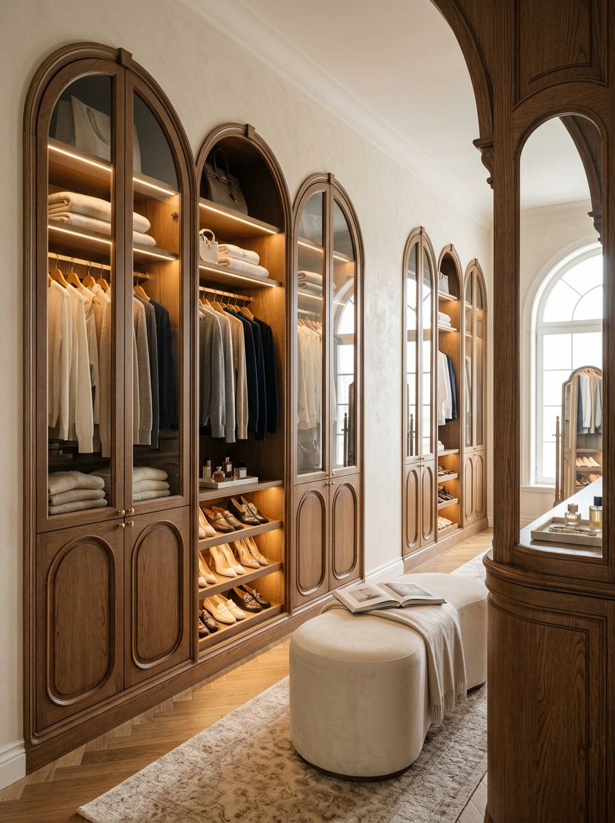 Ultra-realistic closet with elegant arched cabinetry doors, warm oak wood finish, soft ivory walls, concealed LED lighting glowing inside shelves, neutral clothing neatly arranged. Architectural luxury design, curved details, soft cinematic lighting, high-end interior magazine style.