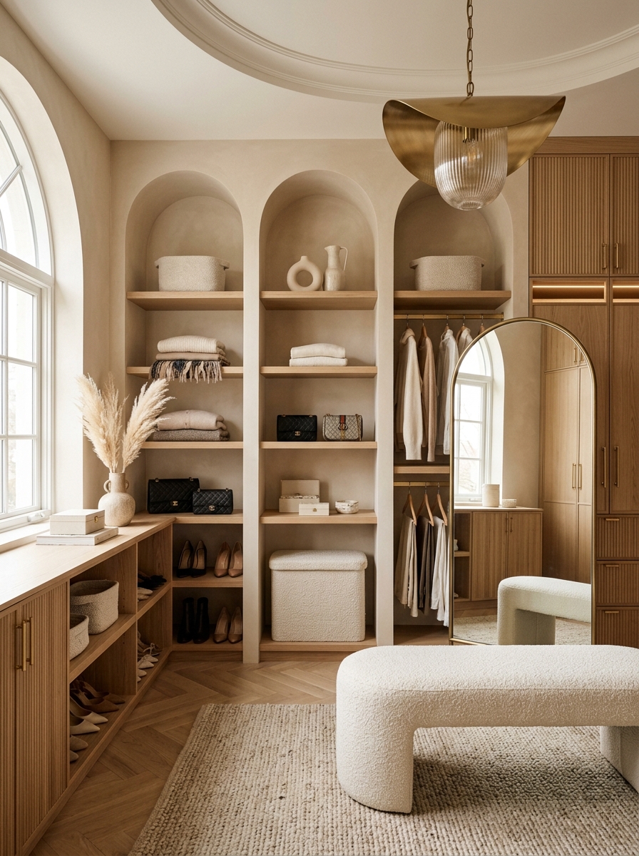Warm Neutral Closet with Arched Details