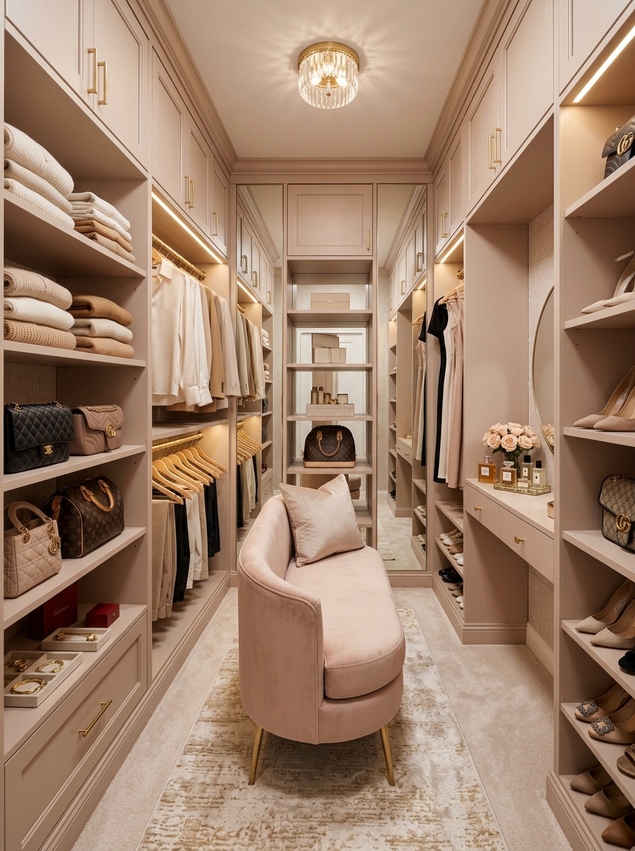 Soft Glam Closet with Velvet and Gold Accents