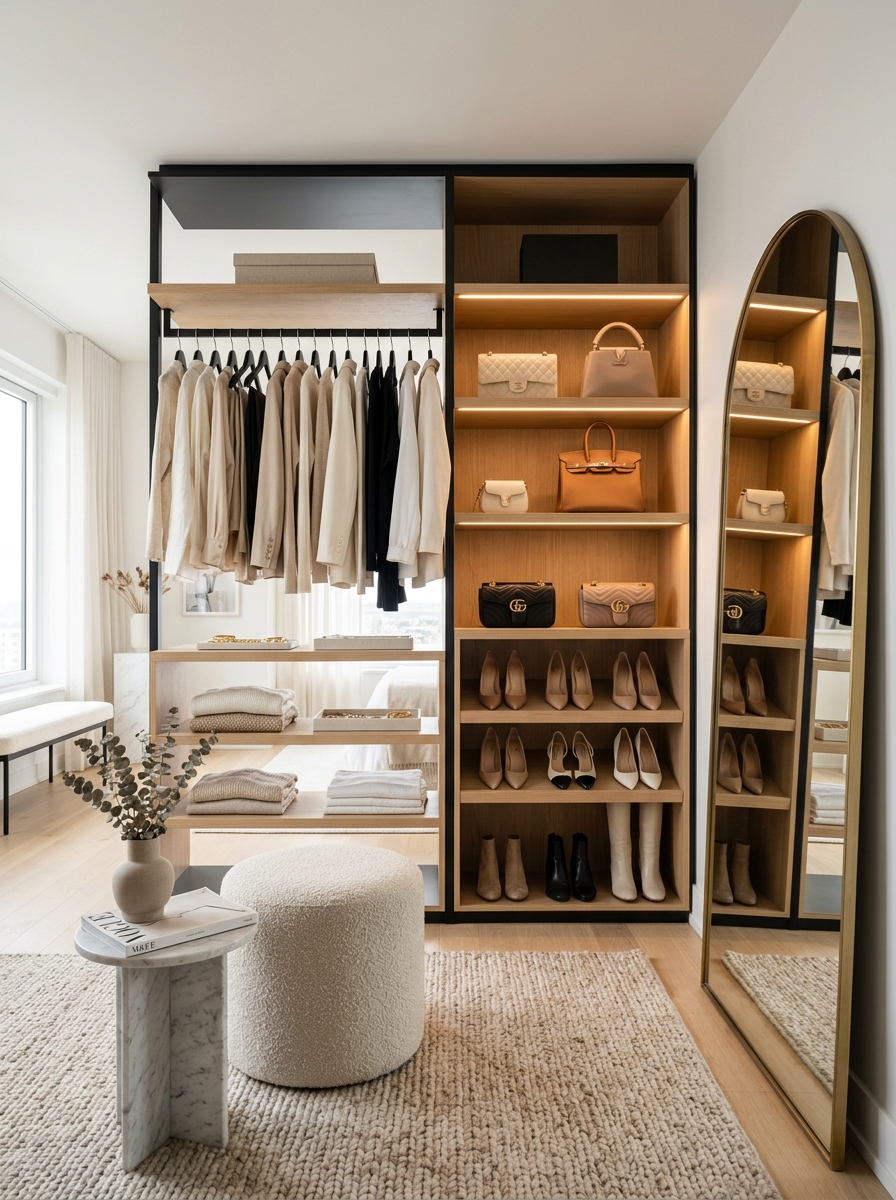 Open Concept Closet With Luxury Fashion Display Styling