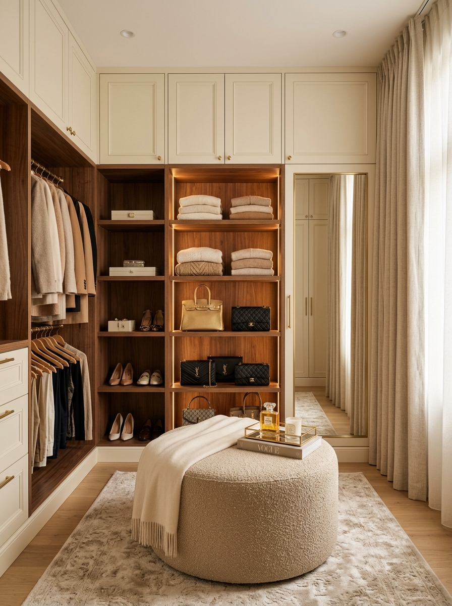 Soft Luxury Closet With Cream and Walnut Finishes