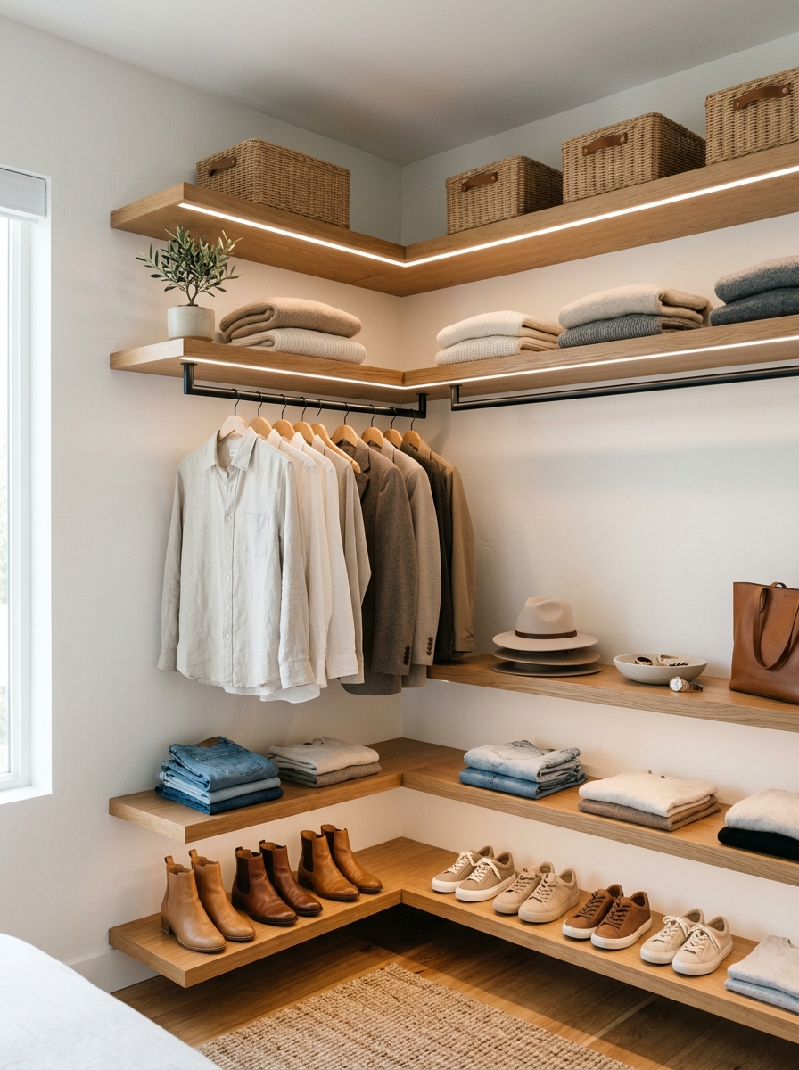 Soft Neutral Corner Closet with Floating Shelves