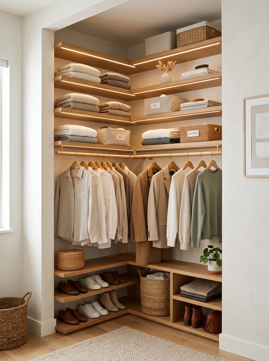 Soft Neutral Corner Closet with Floating Shelves