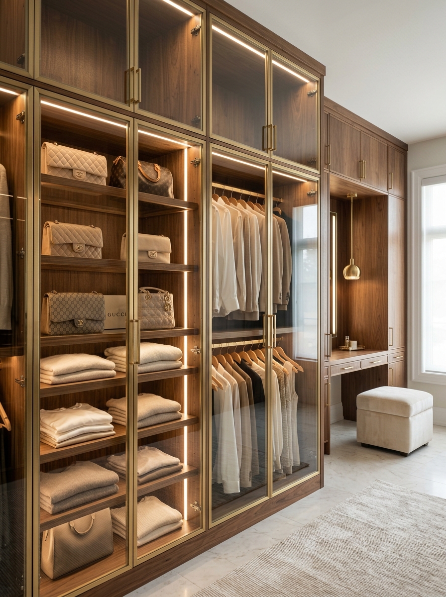 Neutral Closet with Glass-Front Wood Cabinets