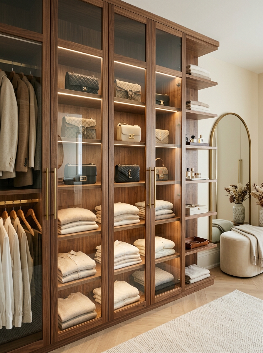 Neutral Closet with Glass-Front Wood Cabinets
