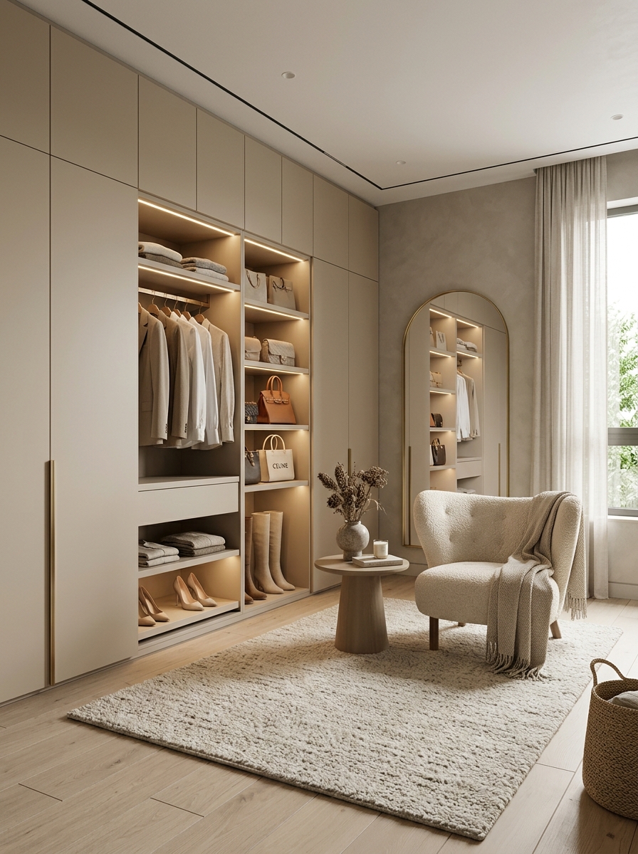 Minimalist Warm Neutral Closet with Hidden Storage