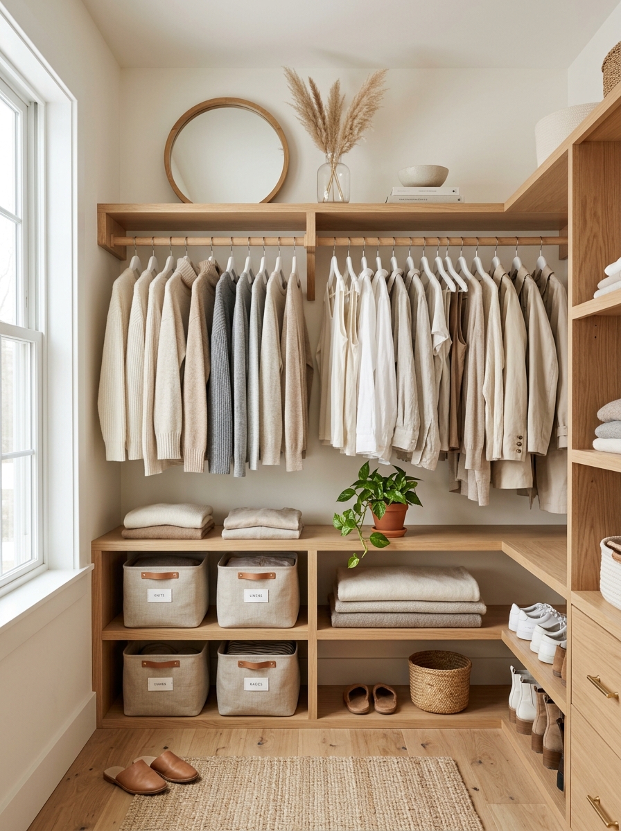 Scandinavian Warm Wood Closet with Neutral Layers