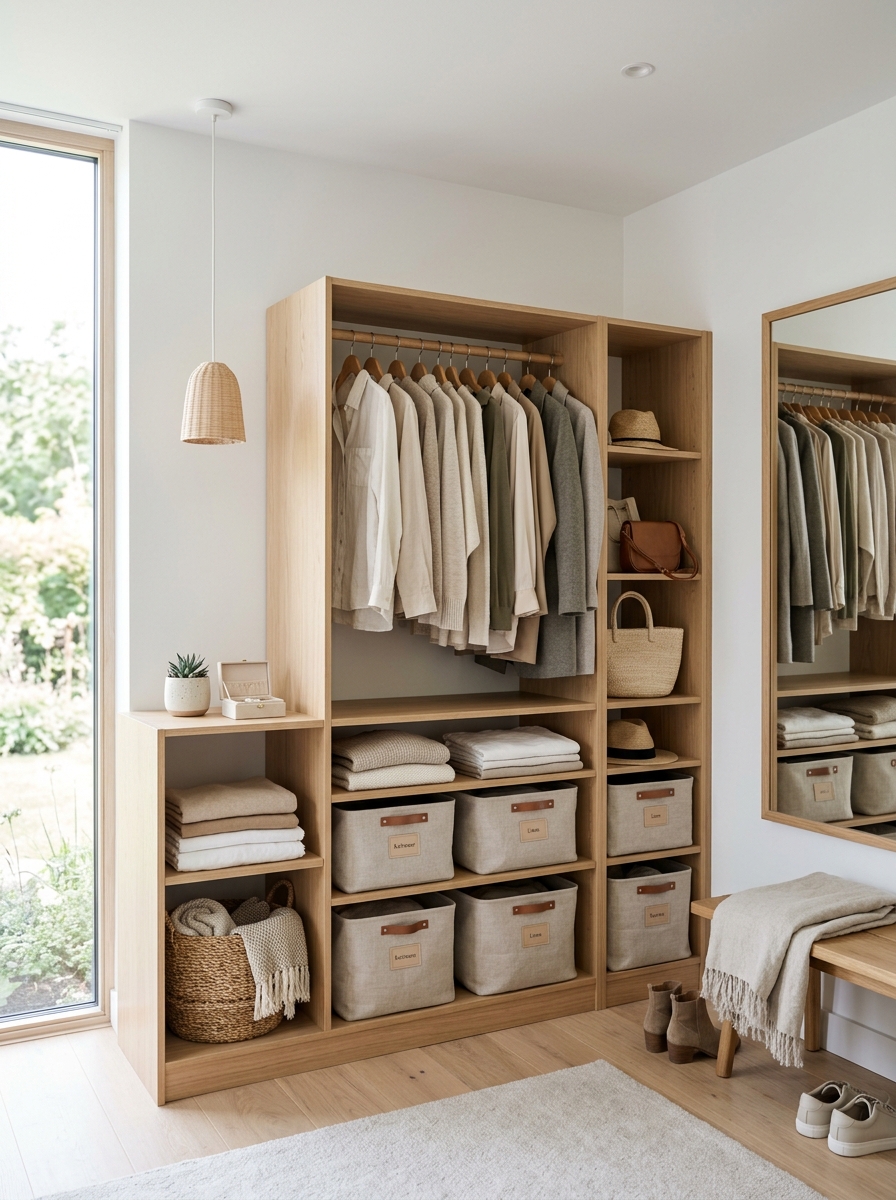 Scandinavian Warm Wood Closet with Neutral Layers