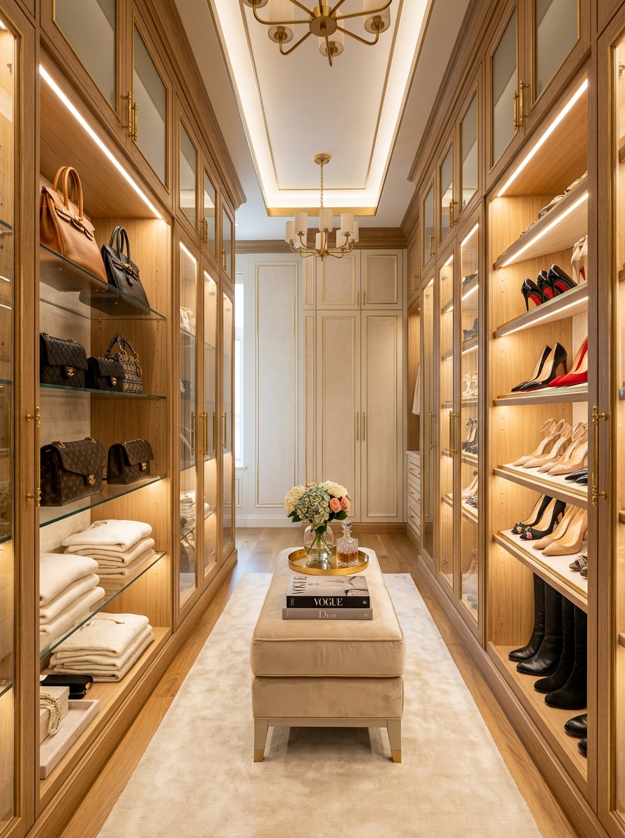 Boutique-Style Closet with Glass Display Cabinets