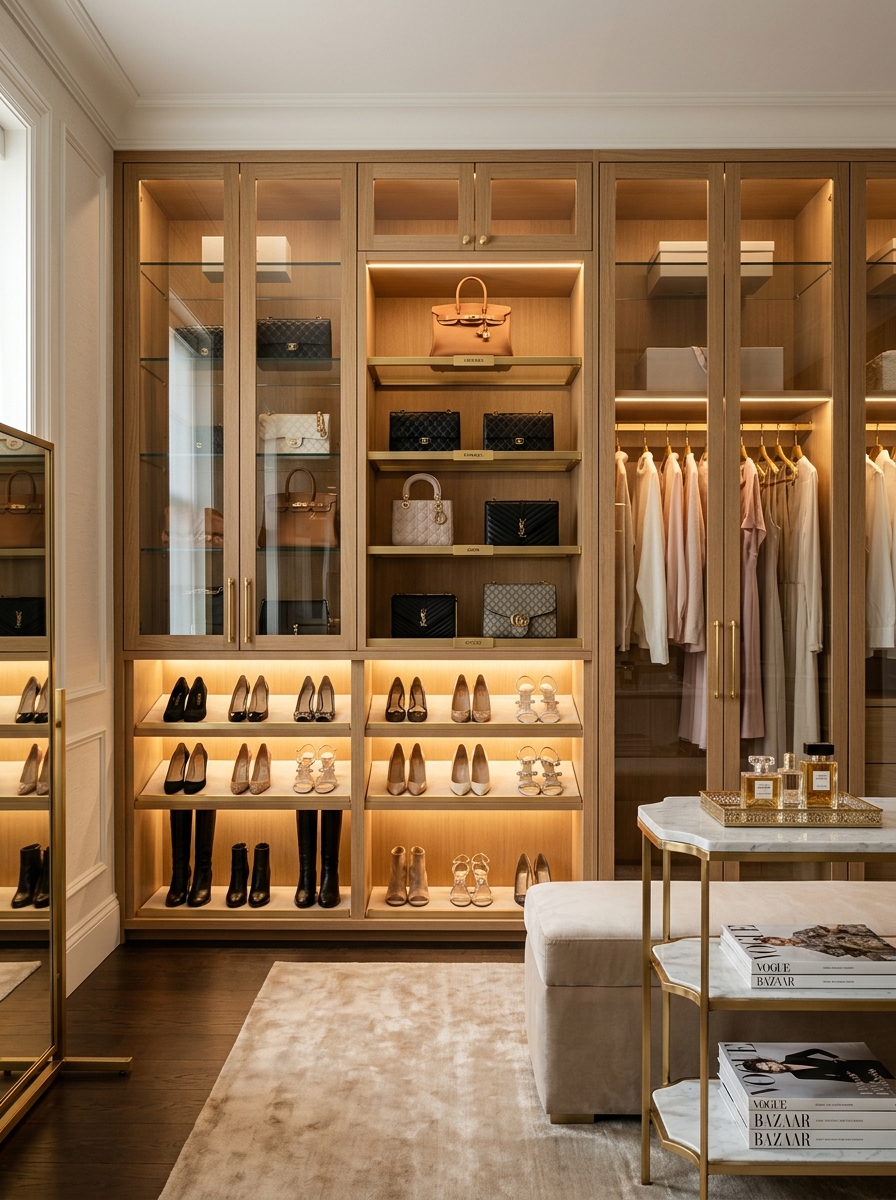 Boutique-Style Closet with Glass Display Cabinets
