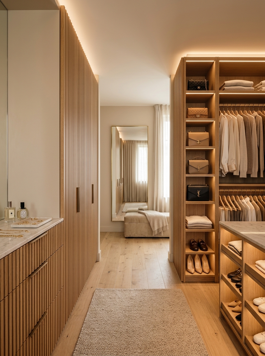 Vertical Slat Warm Wood Closet Design
