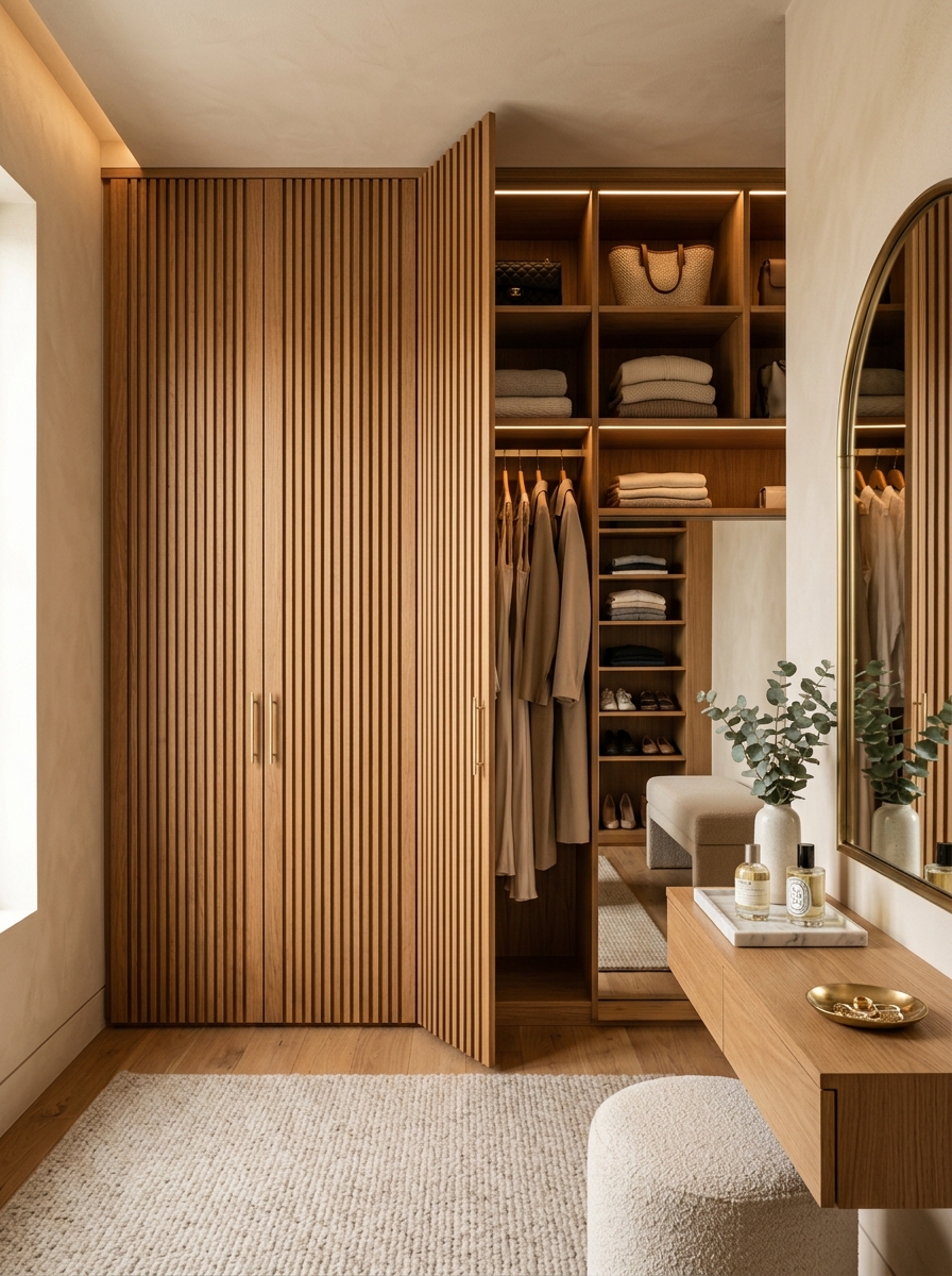 Vertical Slat Warm Wood Closet Design