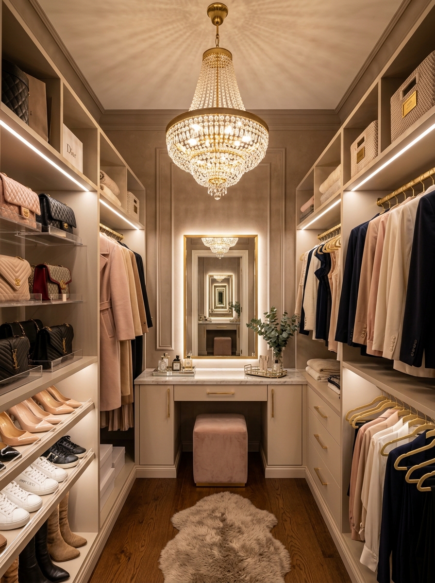 Small Closet with Dramatic Statement Lighting