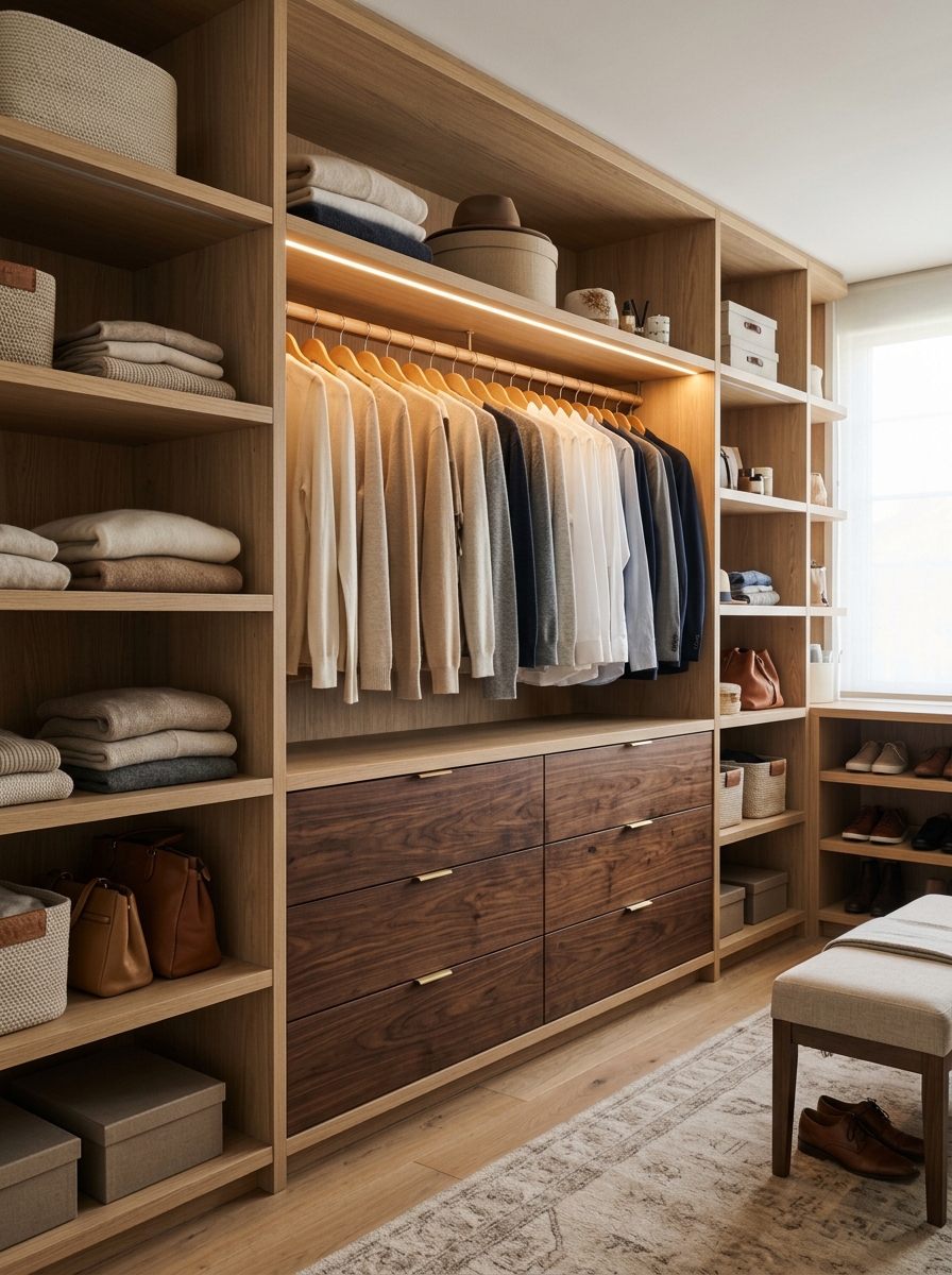Neutral Closet with Mixed Wood Tones