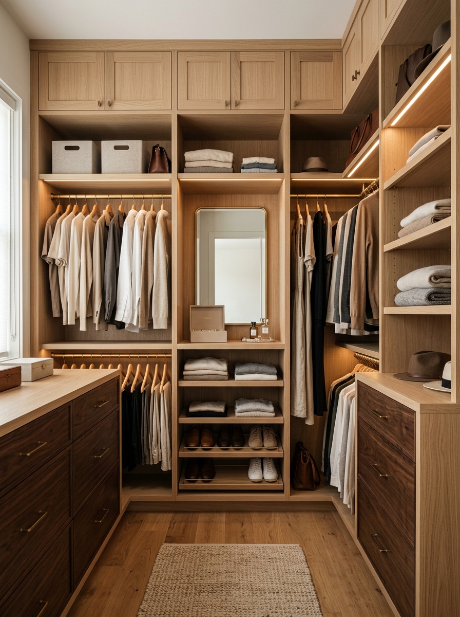 Neutral Closet with Mixed Wood Tones