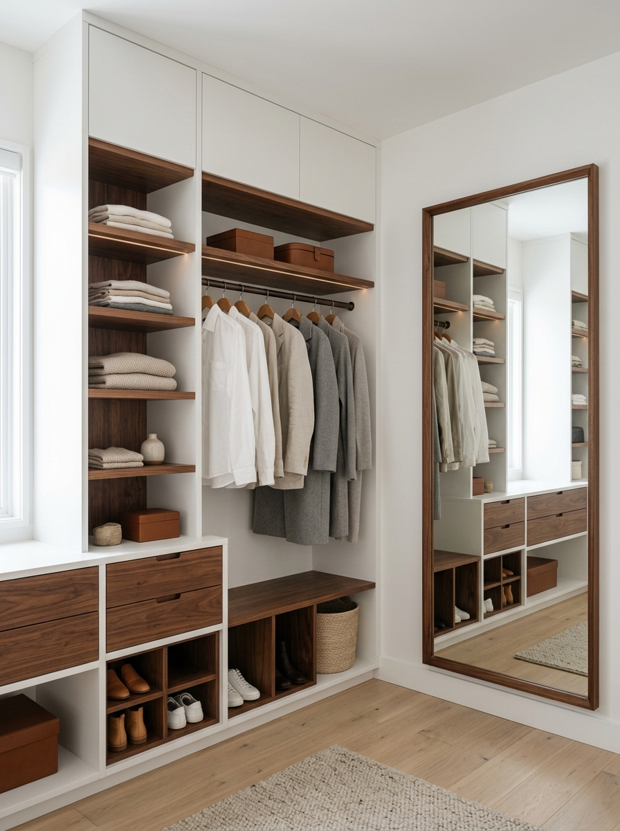 Minimalist Closet with Walnut Wood Accents