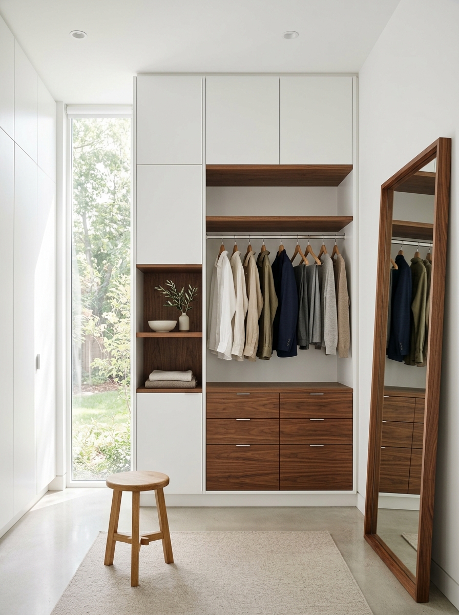 Minimalist Closet with Walnut Wood Accents