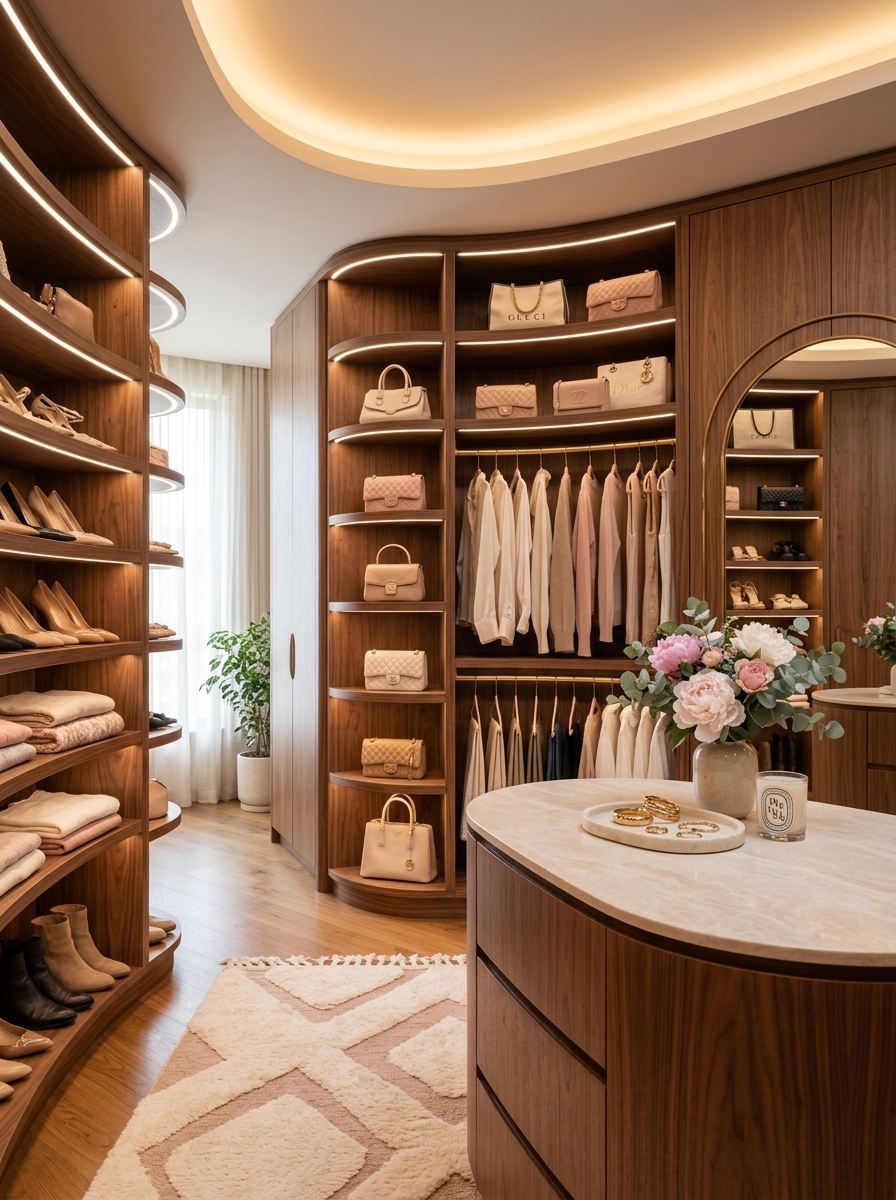 Soft Feminine Warm Wood Closet with Curved Details