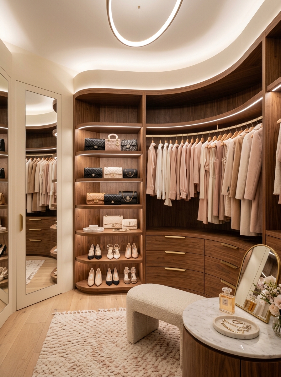 Soft Feminine Warm Wood Closet with Curved Details