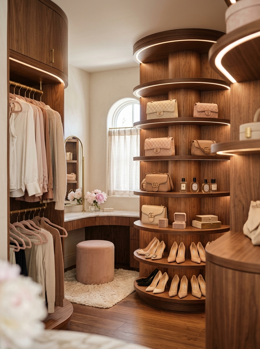 Soft Feminine Warm Wood Closet with Curved Details