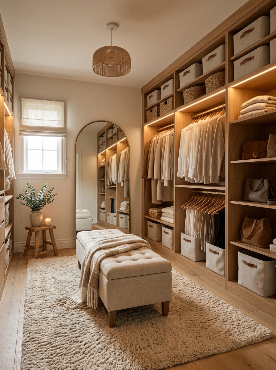 Neutral Closet with Soft Area Rug and Textiles