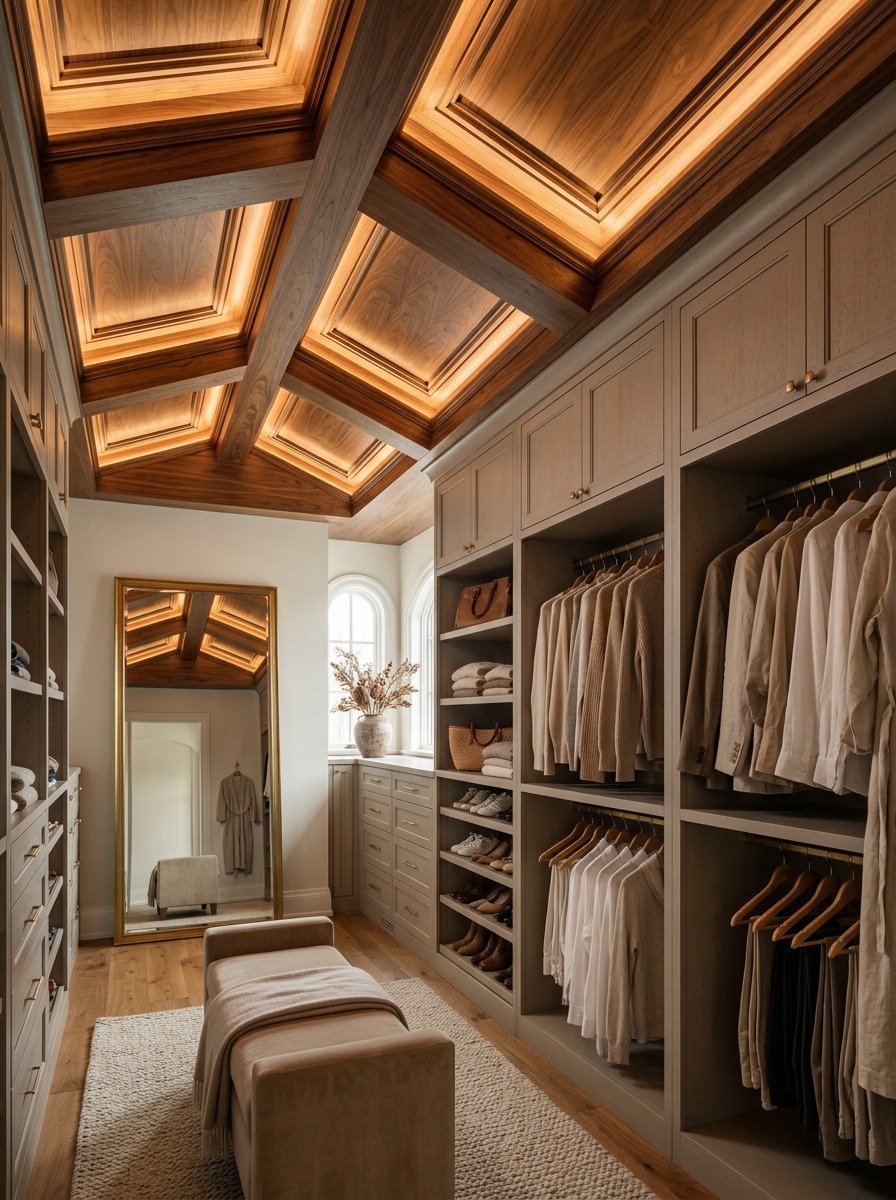 Neutral Closet with Statement Wooden Ceiling