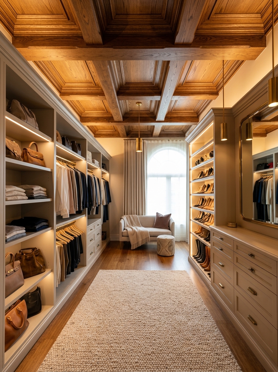 Neutral Closet with Statement Wooden Ceiling