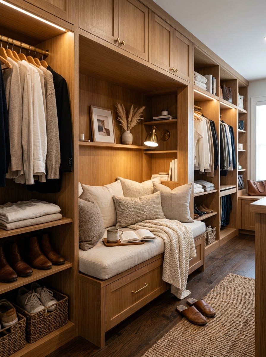 Neutral Closet with Built-In Seating Nook