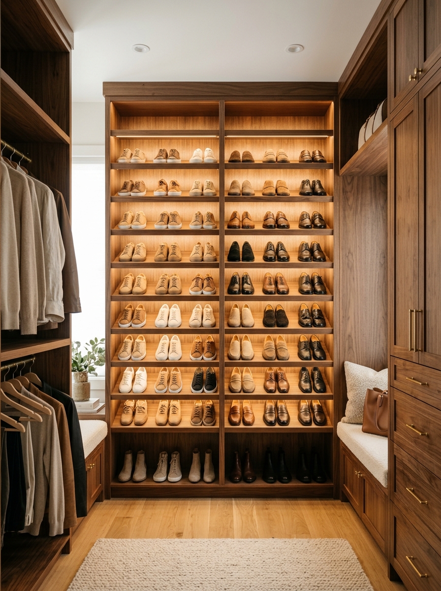 Neutral Closet with Built-In Shoe Display Wall