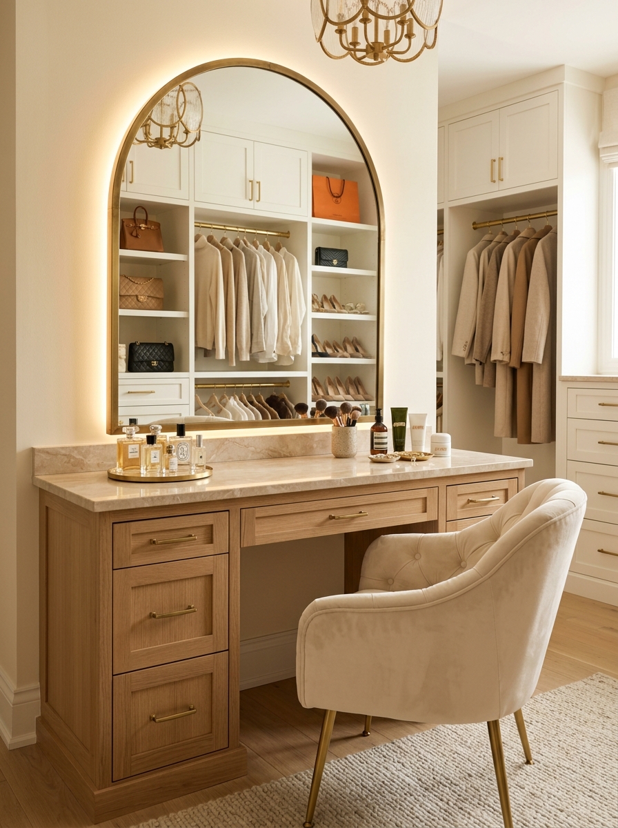 Neutral Closet with Integrated Vanity Space