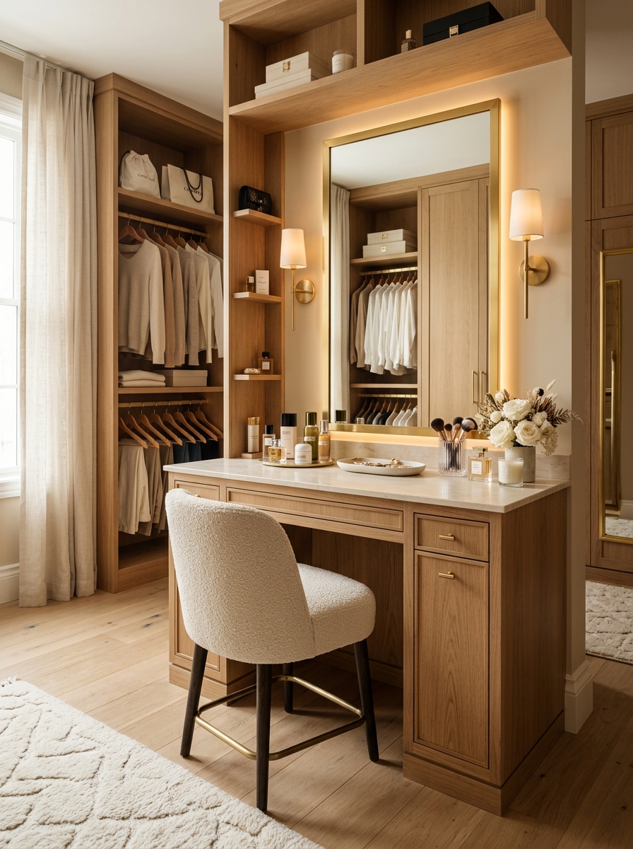 Neutral Closet with Integrated Vanity Space