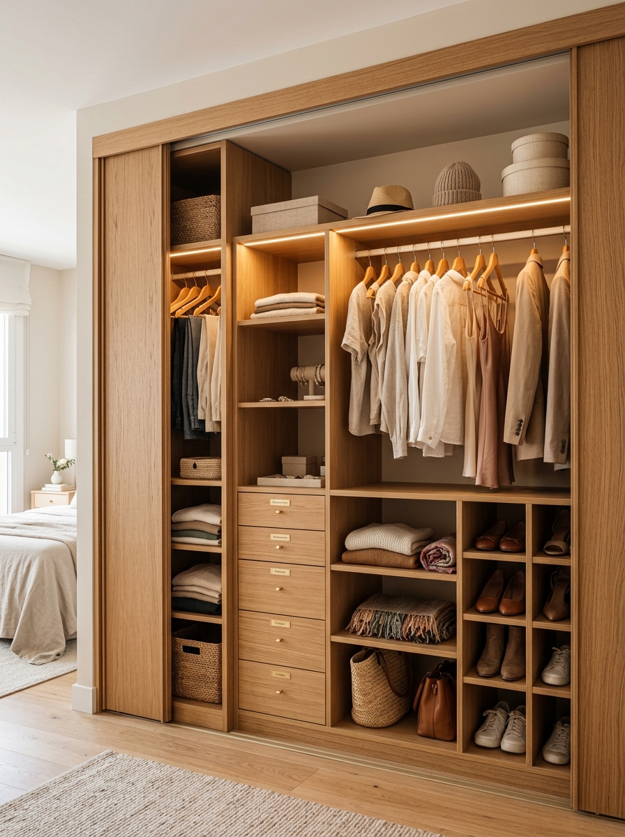 Small Space Warm Wood Closet with Sliding Doors