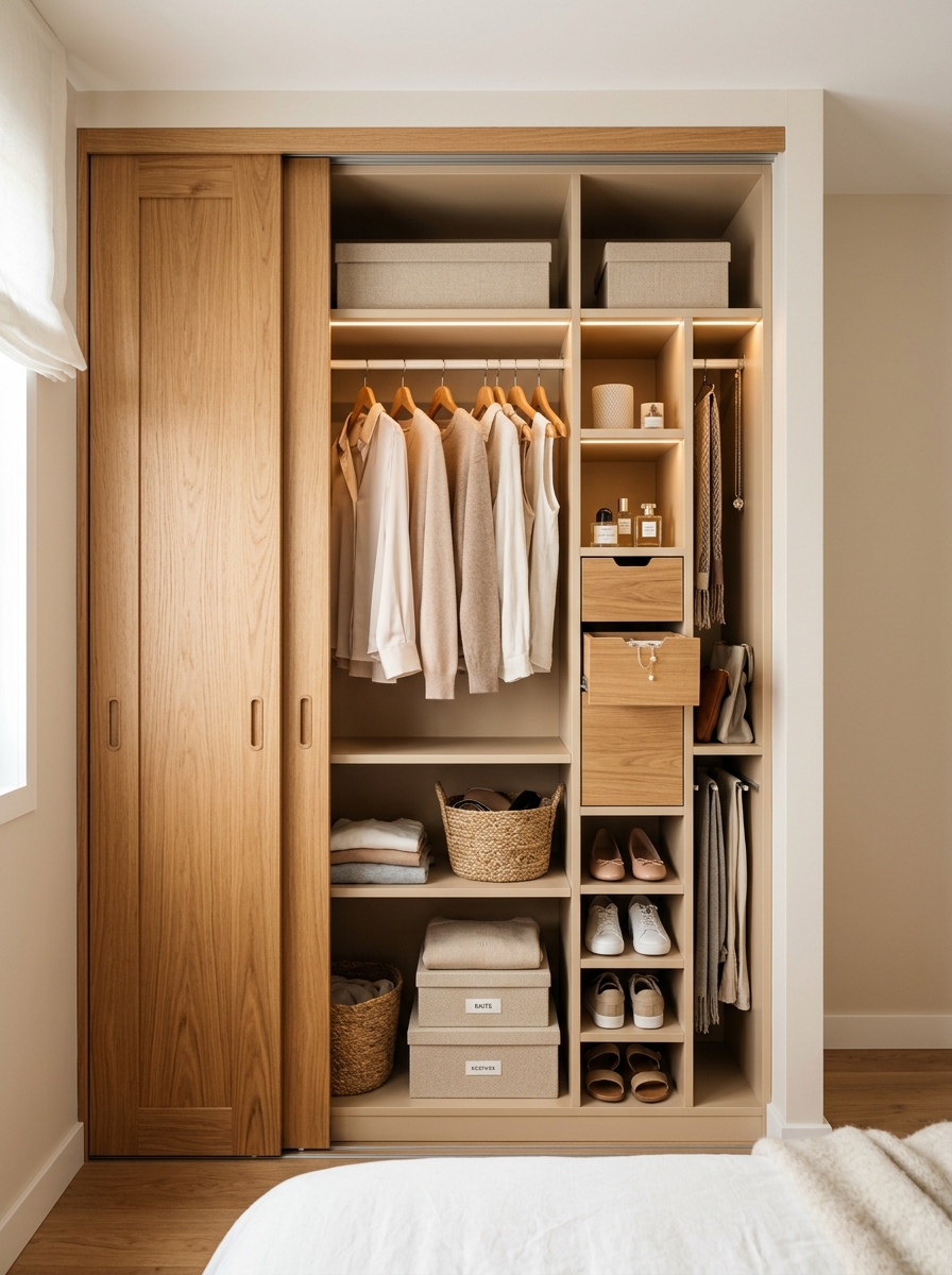 Small Space Warm Wood Closet with Sliding Doors