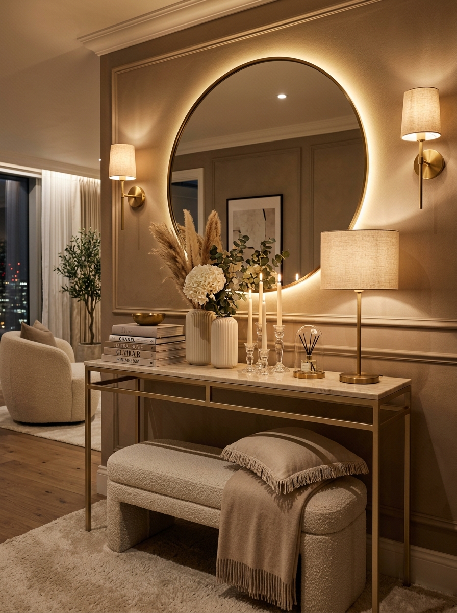 Neutral Glam Console Table with Layered Lighting