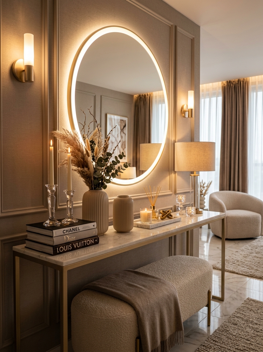 Neutral Glam Console Table with Layered Lighting