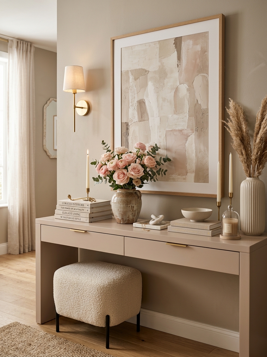 Elegant Neutral Pink Console Table with Layered Beige Tones