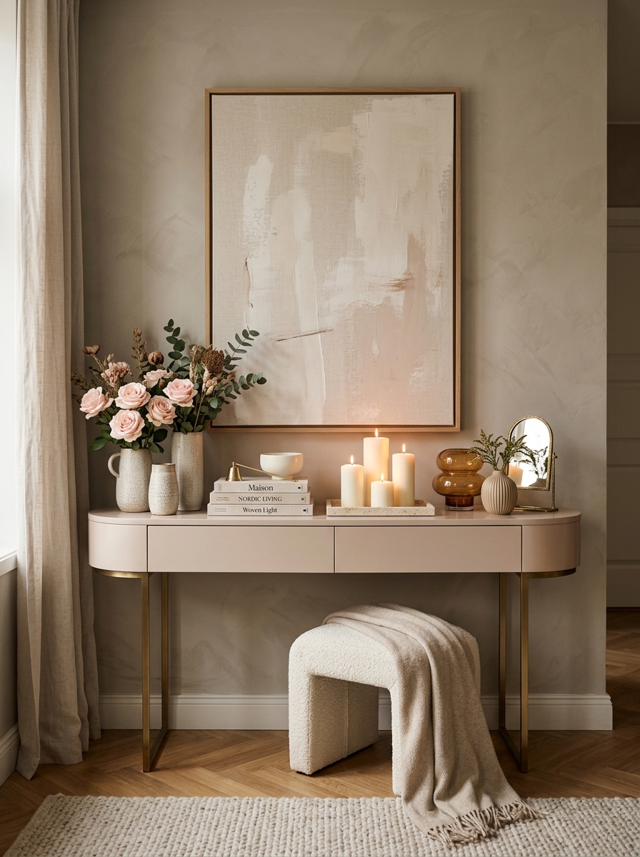 Elegant Neutral Pink Console Table with Layered Beige Tones