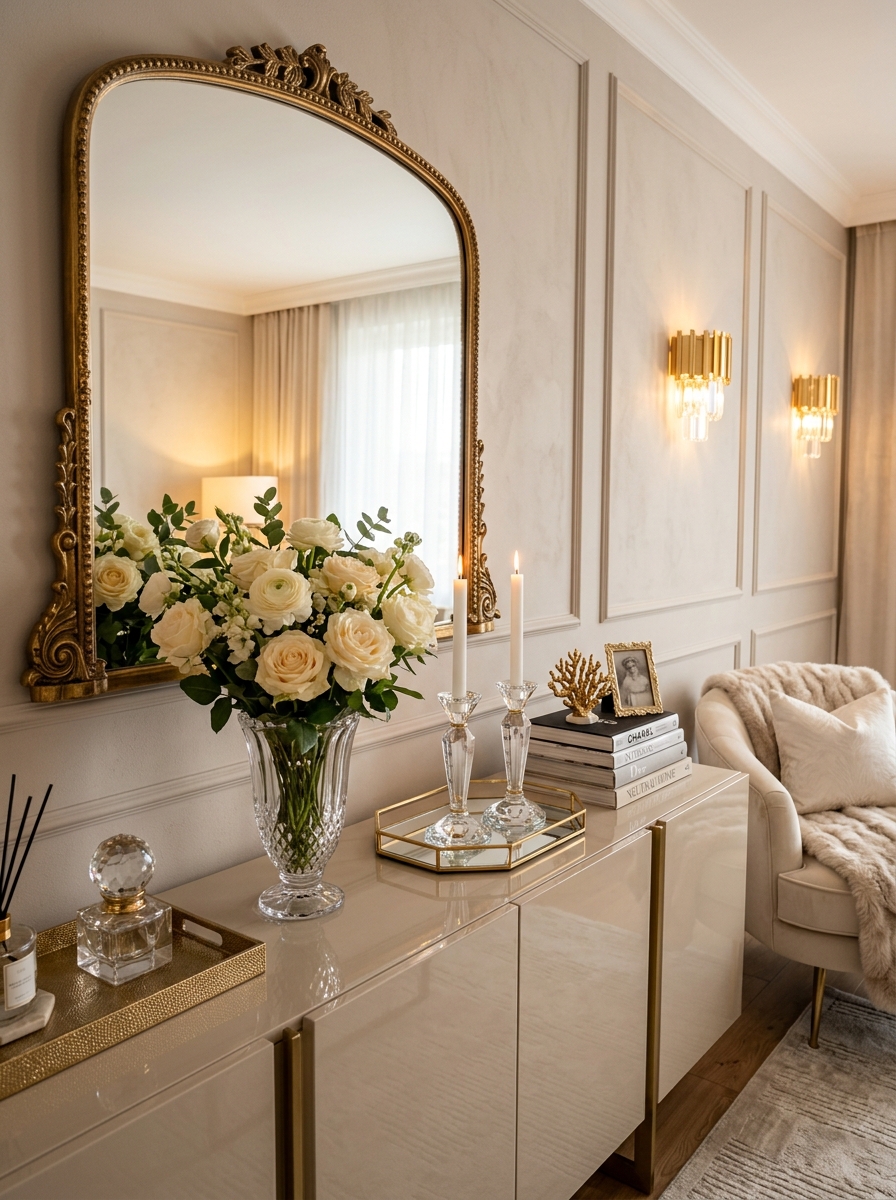 Glam Neutral Console Table with Crystal and Soft Gold Details
