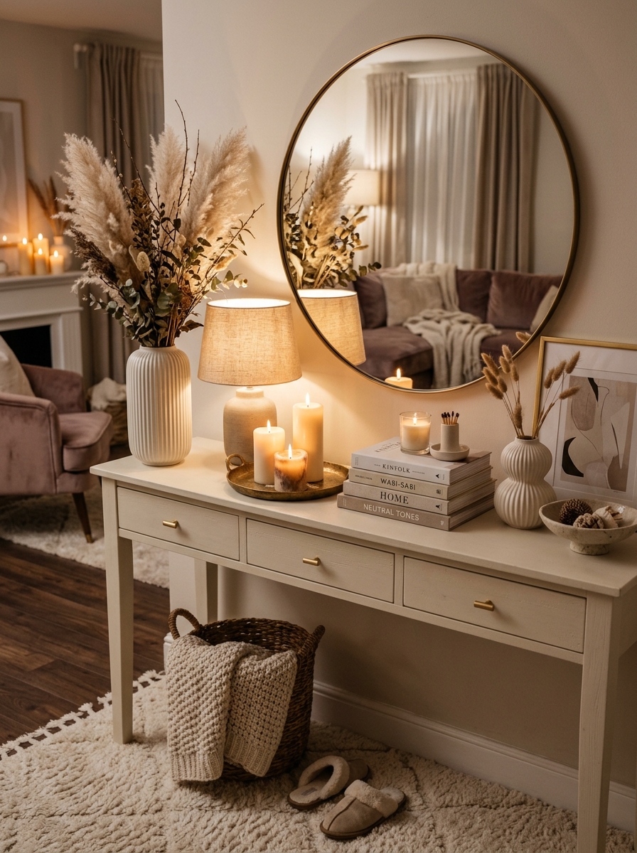 Cozy Apartment Console Table with Soft Candlelit Styling