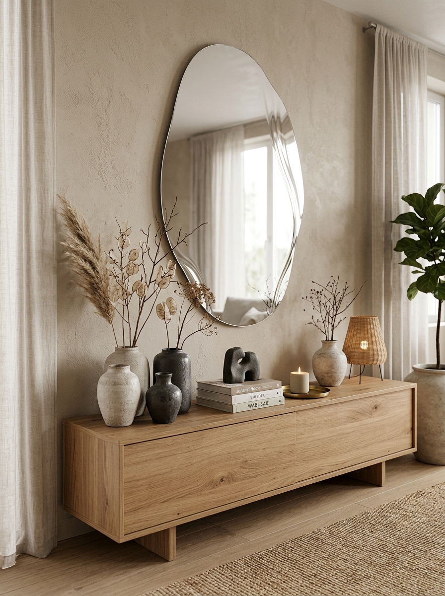 Japandi Console Table with Soft Earthy Neutrals